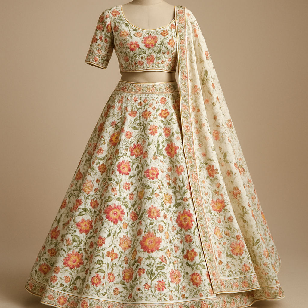 BRIDAL LEHENGA - WHITE COLOUR FABRIC WITH FULL EMBROIDERY COLORFUL FLOWERS AND MATCHING TOP AND SHAWL
Ethnic fashion design: BRIDAL LEHENGA: White silk, full A-line skirt, heavily embroidered with vibrant floral patterns. Paired with a matching short-sleeve fitted blouse and an embroidered silk shawl.