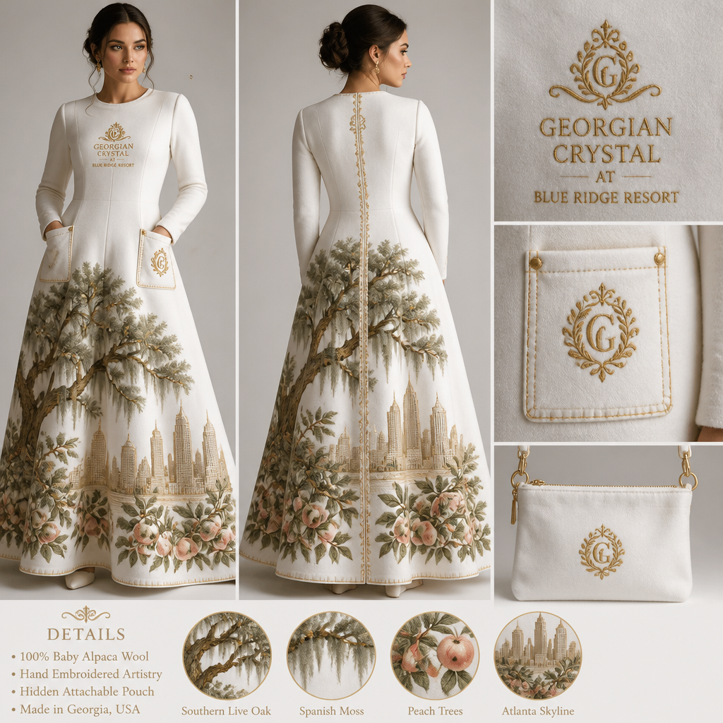 White warm long-sleeve drape tailored dress made of alpaca wool with "Georgian Crystal at Blue Ridge Resort" cursive font embroidered front logo with gold stitching, then add white pockets. Make sure pockets have gold stitching. Include an attachable hidden white pouch to hold pens, a small pen pad, front office cordless phone, and front office keys. Large logo should include an embroidered Southern Live Oak Tree with Spanish Moss and Peach Trees with fallen peaches influenced by the Atlanta skyline. Create a design for women in the front office only
White alpaca wool long-sleeve maxi dress. A-line silhouette, fitted bodice. "Georgian Crystal at Blue Ridge Resort" gold embroidered logo. White patch pockets with gold stitching. Large embroidered Southern Live Oak, Spanish Moss, Peach Trees, and Atlanta skyline pattern on front. Hidden attachable white pouch.