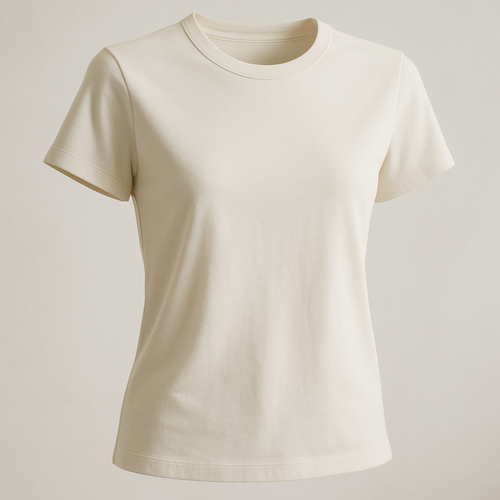 A premium women’s basic  off white crew neck t-shirt, slim-relaxed fit, made of first-class high-quality cotton fabric with a soft luxurious texture, short sleeves, minimal and elegant design. Ghost mannequin hollow man style photography, the t-shirt looks 3D as if worn by an invisible model, perfectly shaped and realistic fit. Photographed in natural daylight, clean background, ultra-detailed premium cotton fabric texture, hyperrealistic stitches, 3D/4D depth of field close-up, white fashion e-commerce product photography aesthetic.
