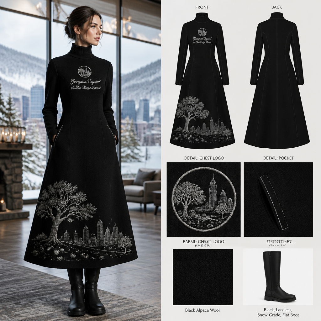 Black warm turtleneck long-sleeve timeless elegance flowy tailored shin-length dress made of alpaca wool with silver cursive font embroidered "Georgian Crystal at Blue Ridge Resort" on front logo with silver stitching, then add hidden black pockets. Make sure non-sheen pockets have silver stitching. Include an attachable hidden black pouch to hold pens, a small pen pad, front office cordless phone, and front office keys. Large logo should include a silver-stitched only Southern Live Oak Tree with Spanish Moss and Peach Trees with fallen peaches, influenced by the Atlanta skyline on the front chest area only, and The entire front chest logo size should be the size of a circular plate, including the resort name. Create a design for women in the front office only. Include black knee-high professional snow-grade flat boots for front office team members who may need to visit the outside grounds of the resort in the snow. No laces on boots.
Black alpaca wool turtleneck, shin-length, tailored A-line dress. Embroidered silver cursive "Georgian Crystal at Blue Ridge Resort" on front. Silver-stitched Southern Live Oak Tree and Peach Trees with fallen peaches, inspired by the Atlanta skyline, circular chest logo. Hidden black pockets with silver stitching. Black knee-high, laceless, snow-grade flat boots.