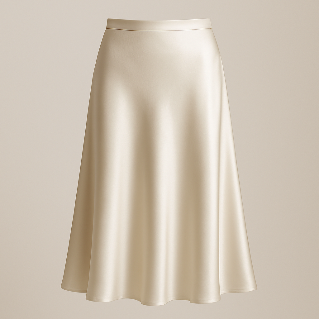 A luxury fashion product photo for an online store. A female model wears a midi satin skirt in ecru . The skirt is the main focus: silky, fluid texture, premium high-quality fabric, elegant drape. Minimal styling, no blazer, no jacket, no accessories. Neutral studio-like background, soft daylight, ghost mannequin 3D/4D effect to highlight the skirt shape. Clean, minimal, professional e-commerce photography.
Midi satin skirt, A-line, bias-cut, solid ecru. Soft silk satin fabric. Fluid, elegant drape.