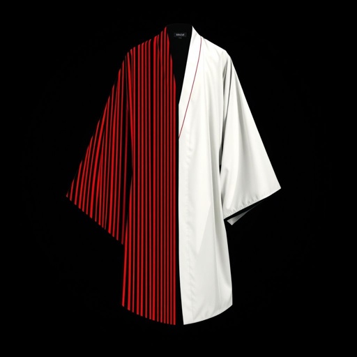 Design a men's kimono with a futuristic, minimalist aesthetic. On one side of the kimono, feature vertical lines in varying widths and lengths, randomly placed in red, creating a dynamic and fluid pattern. The other side should remain clean and simple, maintaining a sleek, modern silhouette. The base color should be black, with the red lines adding contrast and energy to one side. The overall design should combine a modern, shamanic feel, blending tradition with innovation, and evoke both spiritual and futuristic elements."