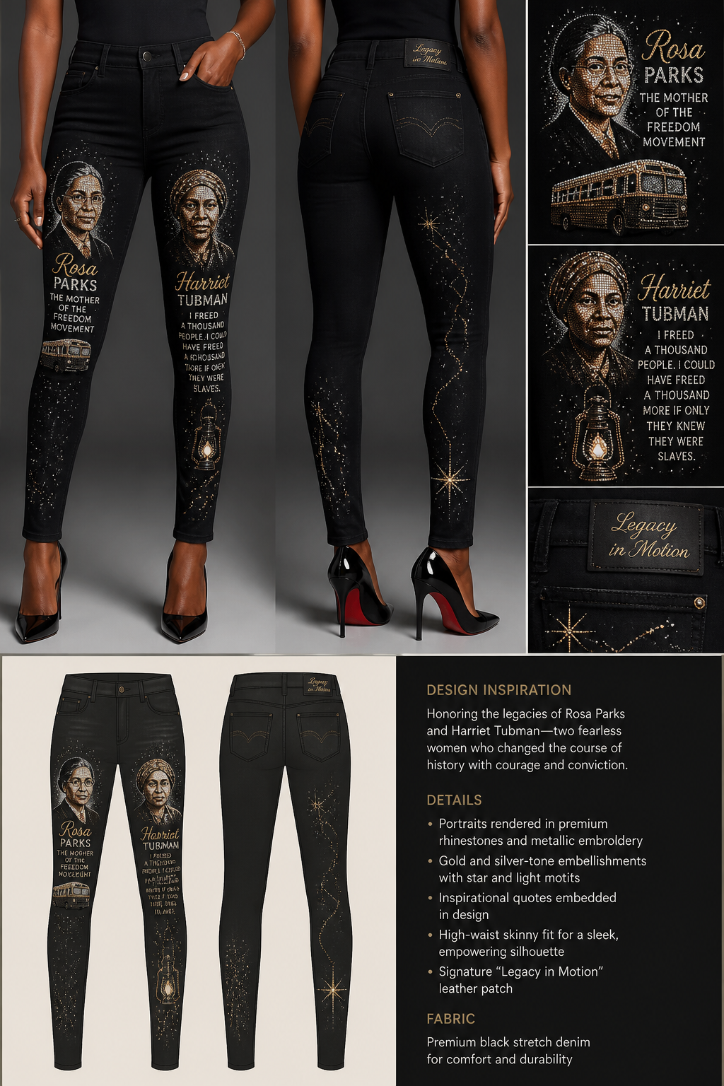 Black Women's skinny jean with embellishments of rosa parks and harriet tubman
Black Women's skinny jean with embellishments of rosa parks and harriet tubman