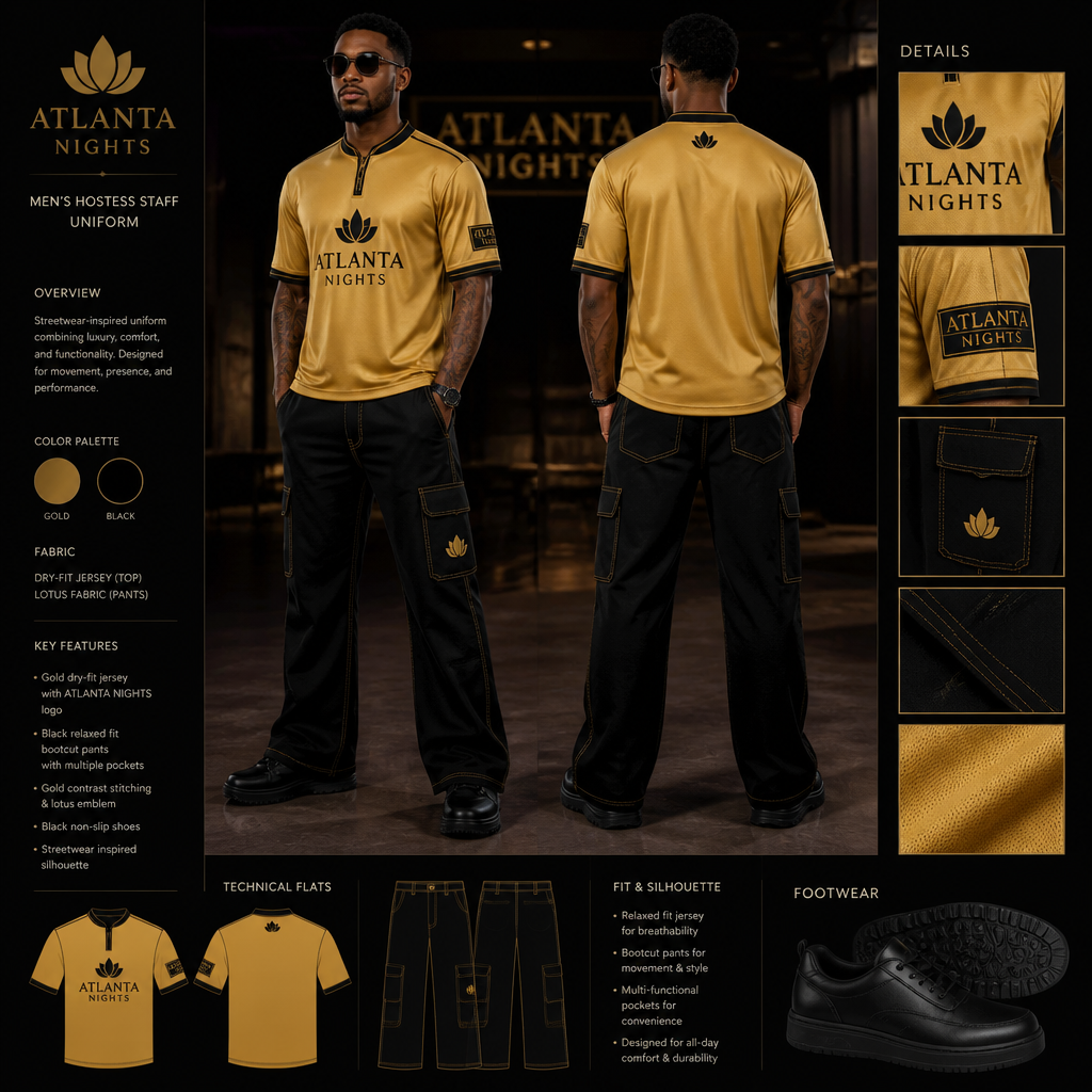 mens hostess staff uniform with gold dry fit jersey with ATLANTA NIGHTS business logo with black bootcut fit pants with multiple pockets and relaxed and gold stitching, streetwear inspired and black non-slip shoes. The uniform is made of lotus fabric. Remove lotus flower from the uniform
Men’s hostess staff uniform: Gold dry-fit jersey with ATLANTA NIGHTS logo. Black bootcut pants, relaxed fit, multiple pockets, gold stitching. Lotus fabric. Black non-slip shoes. Streetwear inspired.