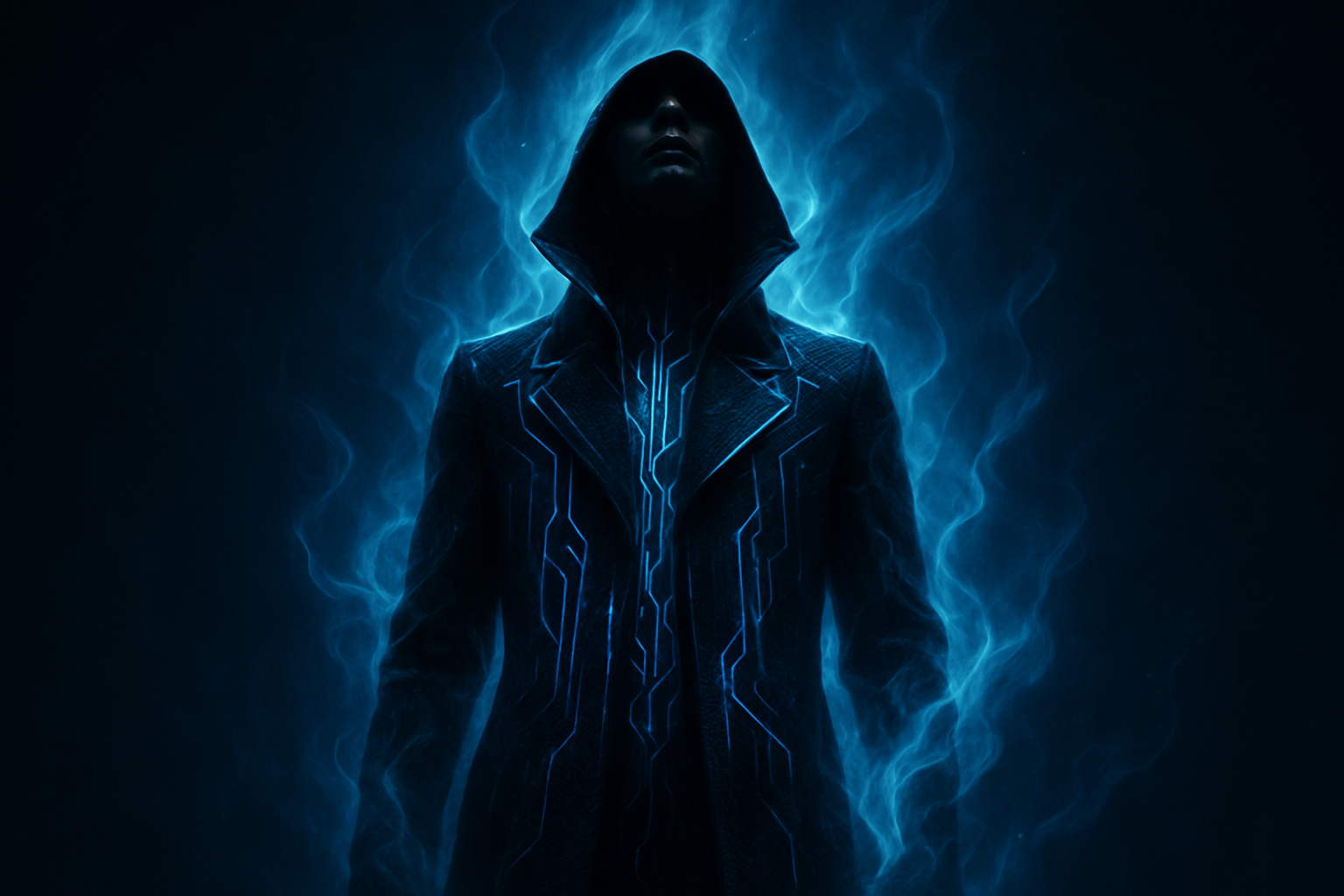 A surreal, mystical digital artwork of a human figure surrounded by ethereal blue and white flames of energy. The person’s face is shadowed and indistinct, head tilted upward as if transcending reality. The glowing aura flows from their body like light smoke, creating a powerful and emotional contrast against a dark blue background. The mood is existential, spiritual, and otherworldly — symbolizing transformation, awakening, and the burning essence of existence itself. Style: modern, cinematic lighting, high contrast, detailed, atmospheric.
Cyberpunk fashion design: A surreal, mystical digital artwork of a human figure in a sleek, dark trench coat of woven nylon, with glowing blue circuitry patterns. The coat has a high collar. The figure is surrounded by ethereal blue and white flames of energy. The face is shadowed, head tilted upward. The glowing aura flows from their body like light smoke, creating a powerful contrast against a dark blue background. Mood: existential, spiritual, otherworldly — symbolizing transformation and awakening. Style: modern, cinematic lighting, high contrast, detailed, atmospheric.