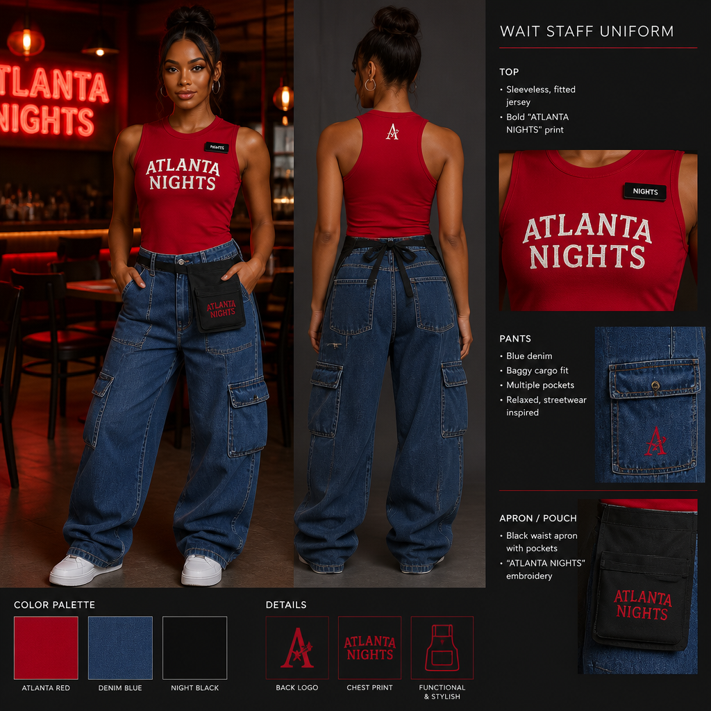 womens wait staff uniform with red sleeveless baseball fitted jersey with company name ATLANTA NIGHTS and jean colored baggy cargo pants
Women's wait staff uniform: Red, sleeveless, fitted jersey with "ATLANTA NIGHTS" print. Paired with blue denim, baggy cargo pants.