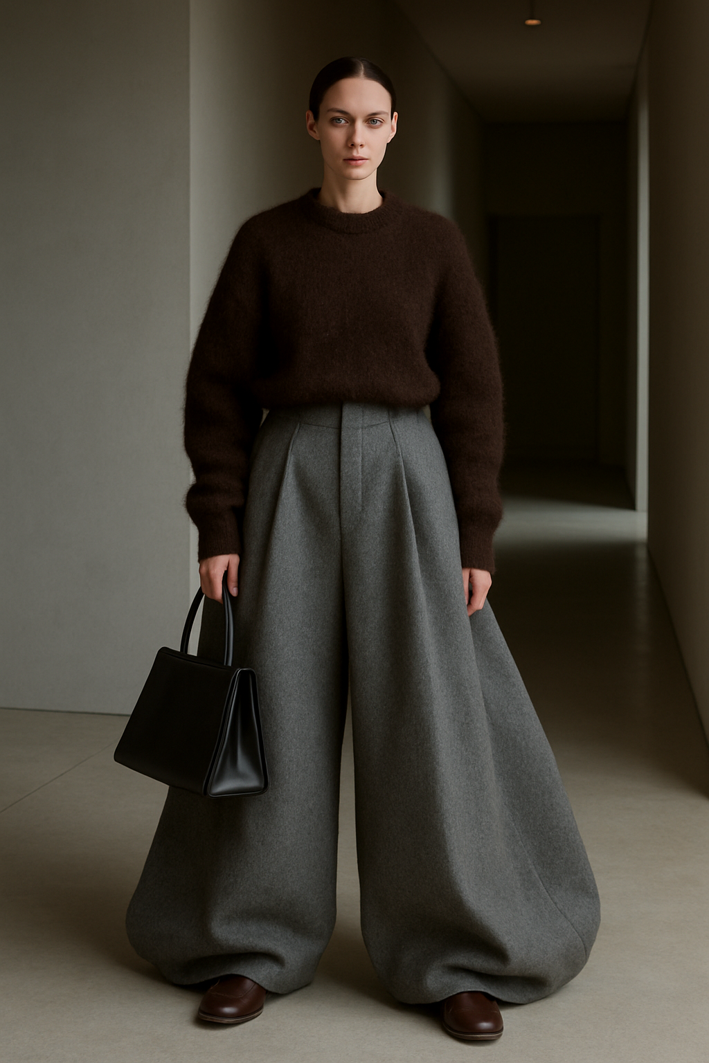 Full-body fashion photography of a woman wearing elegant high-waisted wide-leg wool trousers in heather grey. The trousers are made from soft, medium-weight fabric with a subtle textured weave and a relaxed, tailored silhouette. The model pairs them with a dark brown mohair sweater and brown loafers, holding a structured black leather handbag. The outfit feels cozy, minimalist, and premium. The lighting is soft daylight, emphasizing the natural fabric texture. Background shows a modern indoor hallway with wooden doors and neutral tones. Style aesthetic: Scandinavian minimalism, timeless elegance, quiet luxury. with belt
Avant Garde fashion design: Full-body photo of a woman in heather grey high-waisted wide-leg wool trousers. The trousers have a dramatically oversized silhouette. She wears a dark brown mohair sweater, brown loafers, and a structured black leather handbag. The overall fit is exaggerated and unconventional. Soft daylight, modern indoor hallway.