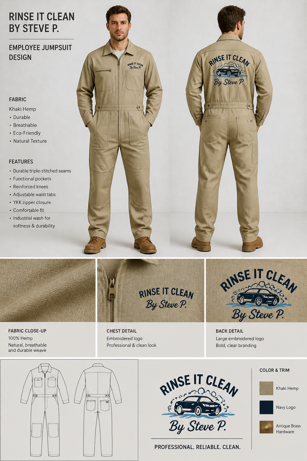 Khaki Hemp fabric car wash employee jumpsuit with company logo: Rinse It Clean By Steve P.
Khaki Hemp fabric car wash employee jumpsuit with company logo: Rinse It Clean By Steve P.