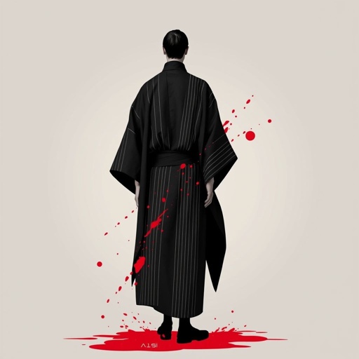 
Design a men's kimono with a futuristic, minimalist aesthetic. The kimono should feature vertical lines in varying widths and lengths, randomly placed across the fabric in red, creating a dynamic and fluid pattern. The base color should be black, with the red lines adding an energetic, yet balanced contrast. The design should evoke a modern and shamanic feel, blending tradition with innovation. The overall silhouette should be sleek, clean, and sophisticated, combining spiritual and futuristic elements."

