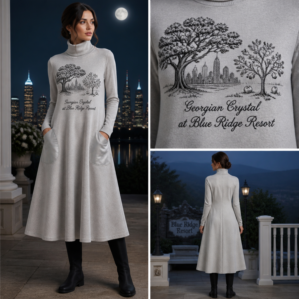 Moonlight silver warm turtleneck long-sleeve timeless elegance flowy tailored shin-length dress made of alpaca wool with cursive font embroidered "Georgian Crystal at Blue Ridge Resort" on front logo with black stitching, then add silver pockets. Make sure non-sheen pockets have silver stitching. Include an attachable hidden silver pouch to hold pens, a small pen pad, front office cordless phone, and front office keys. Large logo should include a black-stitched only Southern Live Oak Tree with Spanish Moss and Peach Trees with fallen peaches, influenced by the Atlanta skyline on the front chest area only. Create a design for women in the front office only. Include black knee-high professional snow-grade flat boots for front office team members who may need to visit the outside grounds of the resort in the snow. no laces on boots
Moonlight silver alpaca wool turtleneck, long-sleeve, shin-length A-line dress. Flowy cut. Cursive "Georgian Crystal at Blue Ridge Resort" embroidery with black stitching. Silver pockets with silver stitching. Black-stitched Southern Live Oak and Peach Trees with fallen peaches, Atlanta skyline influence, on front chest. Black, flat, knee-high, laceless snow boots.