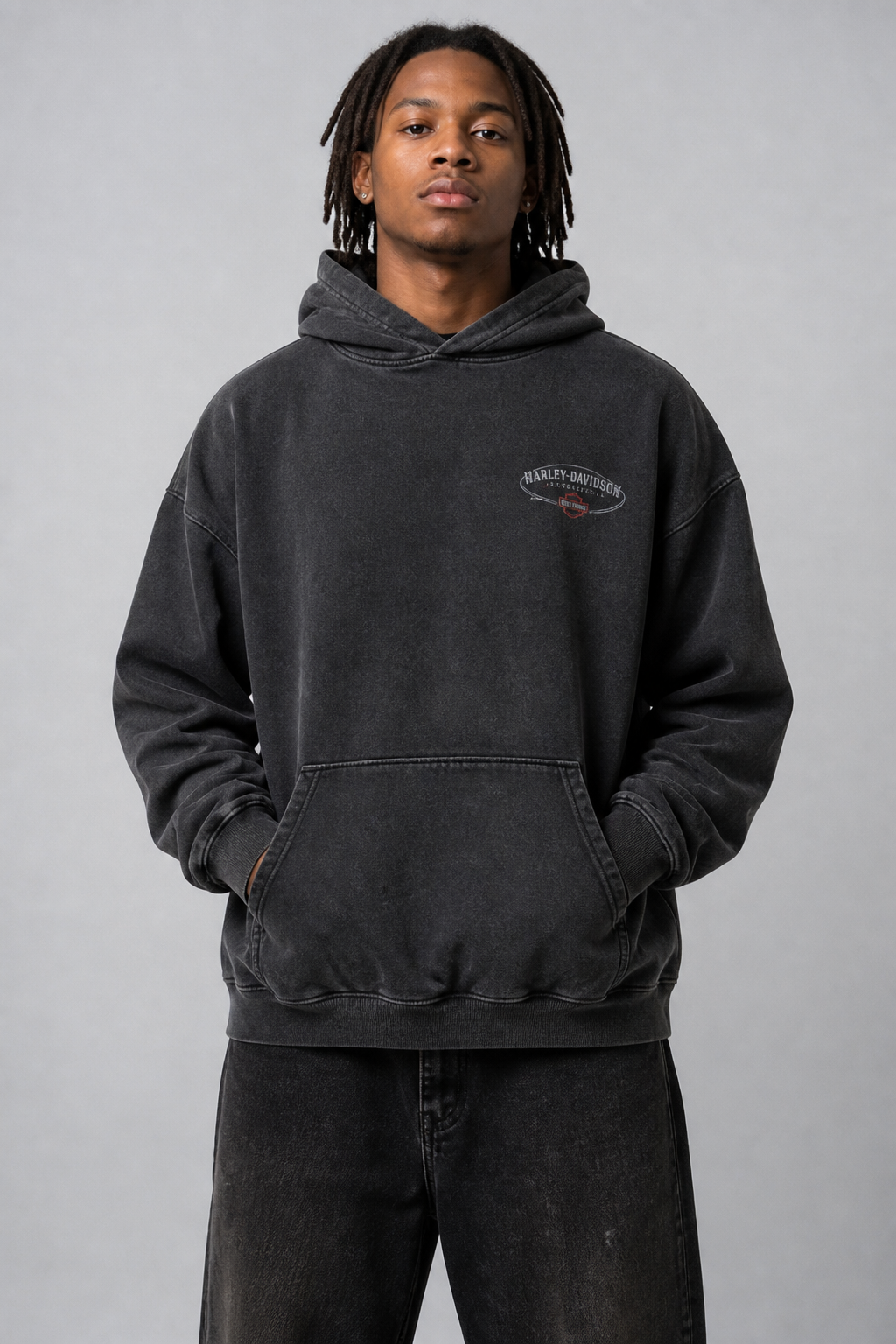 Heavyweight vintage American archive-style hoodie. Oversized relaxed fit with slightly dropped shoulders and wide sleeves. 100% heavyweight cotton with a naturally faded, washed black color. Distressed vintage texture, subtle fading around the seams and edges, but no excessive damage. Small vintage-style graphic on the front chest and a larger aged graphic on the back. Thick ribbed cuffs and waistband. High-quality construction, premium fabric, realistic stitching and natural wrinkles. 1990s–2000s American vintage streetwear aesthetic. Photorealistic product photography, front view, plain studio background.
Heavyweight vintage American archive-style hoodie. Oversized relaxed fit with slightly dropped shoulders and wide sleeves. 100% heavyweight cotton with a naturally faded, washed black color. Distressed vintage texture, subtle fading around the seams and edges, but no excessive damage. Small vintage-style graphic on the front chest and a larger aged graphic on the back. Thick ribbed cuffs and waistband. High-quality construction, premium fabric, realistic stitching and natural wrinkles. 1990s–2000s American vintage streetwear aesthetic. Photorealistic product photography, front view, plain studio background.