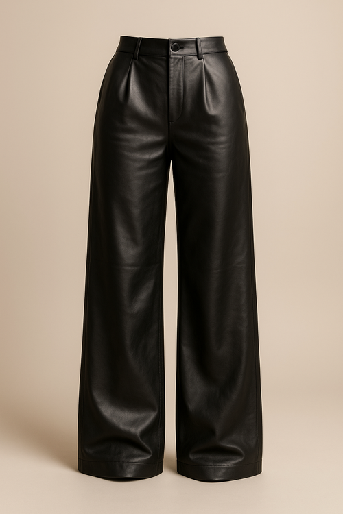 Ultra-realistic ghost mannequin product photo of women’s wide-leg, high-waist leather pants in matte black. The pants hang naturally in the air, as if gently filled from inside — soft, realistic drape around knees and ankle area, subtle gravity effect on the fabric. The texture is smooth matte leather with soft highlights and natural wrinkles that show depth. Shot in a luxury fashion studio with diffused beige background and gentle shadows under the hem. 3D realism, premium photography lighting, high-definition focus on material texture.