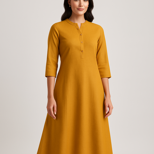 indian kurtha for women. shapely but not too tight. cotton blend. yellowish color fabric.