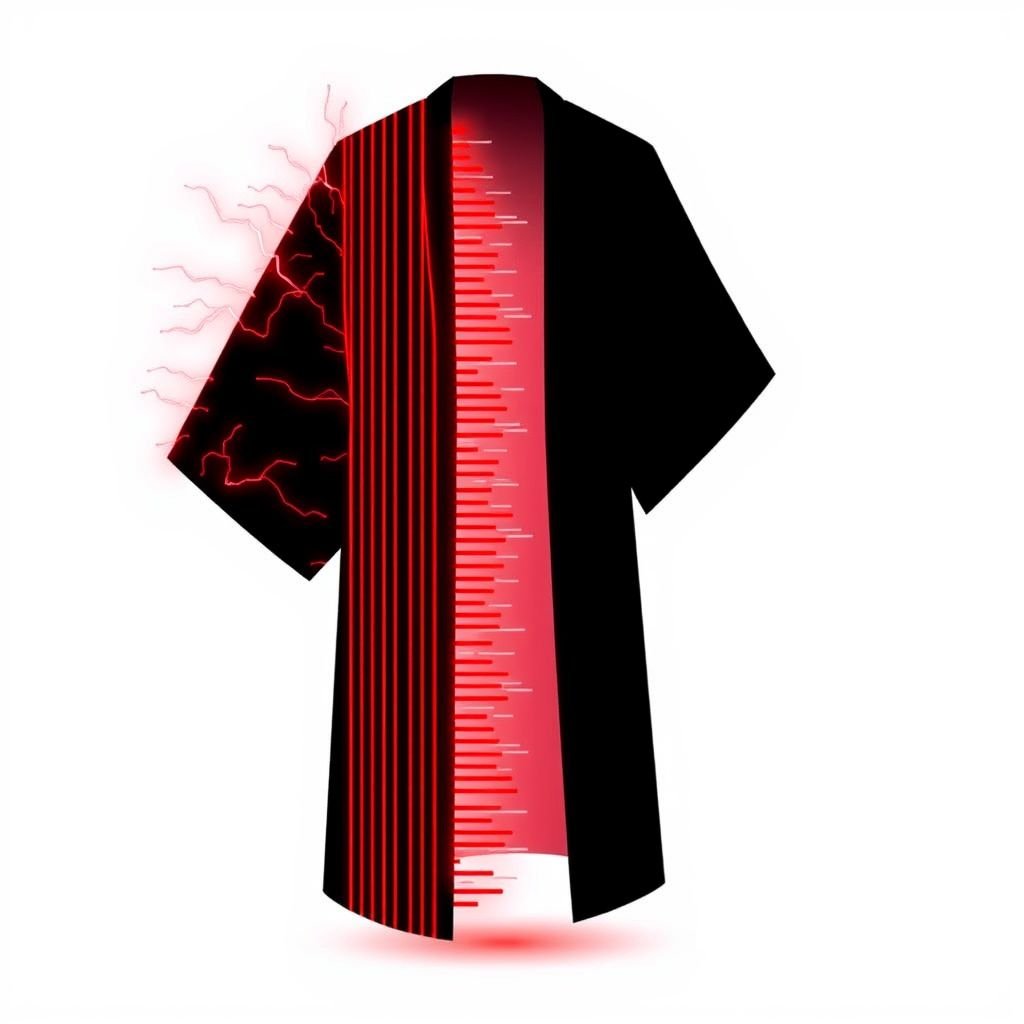 Design a men's kimono with a futuristic, minimalist aesthetic. On one side of the kimono, feature vertical lines in varying widths and lengths, randomly placed in red, creating a dynamic and fluid pattern. The other side should remain clean and simple, maintaining a sleek, modern silhouette. The base color should be black, with the red lines adding contrast and energy to one side. The overall design should combine a modern, shamanic feel, blending tradition with innovation, and evoke both spiritual and futuristic elements."

A men's kimono, futuristic and minimalist. One side adorned with dynamic vertical lines, varying widths and lengths, in striking red, electric energy radiating contrast. The opposite side, pure black, smooth and sleek, an aura of modern simplicity. A harmonious blend of tradition and innovation, exuding a spiritual, avant-garde essence.