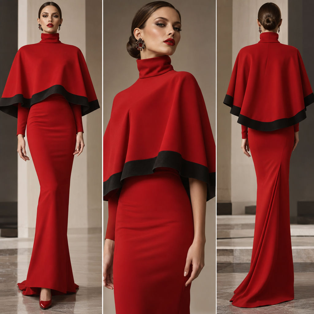 Red turtleneck cape top with black trim at bottom of cape. Long red tight skirt. Red high heel.
Red turtleneck cape top with black trim at bottom of cape. Long red tight skirt. Red high heel., haute couture style