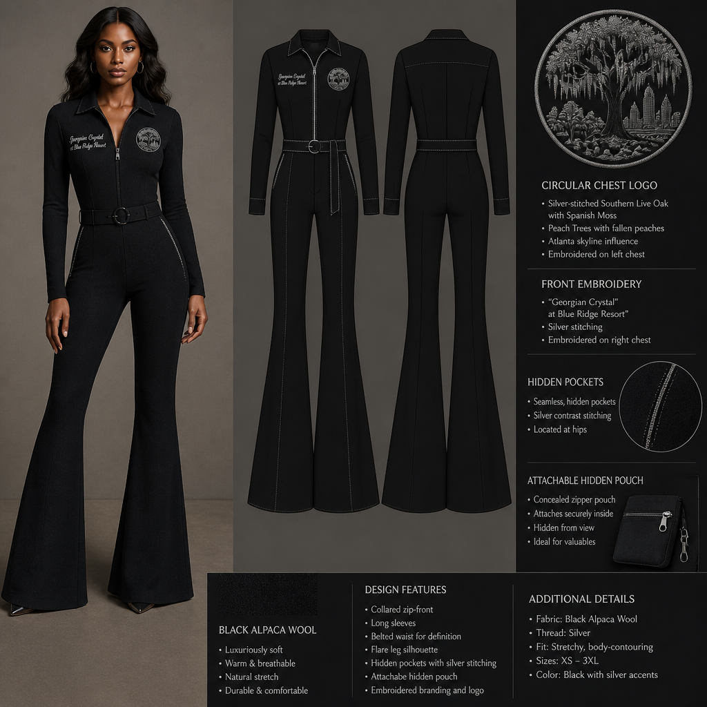 Black warm collared, belted, and stretchy long-sleeve timeless elegance professional flare leg jumpsuit made of alpaca wool with silver cursive font embroidered "Georgian Crystal at Blue Ridge Resort" on front logo with silver stitching, then add hidden black pockets. Make sure non-sheen pockets have silver stitching. Include an attachable hidden black pouch to hold pens, a small pen pad, front office cordless phone, and front office keys. Large logo should include a silver-stitched only Southern Live Oak Tree with Spanish Moss and Peach Trees with fallen peaches, influenced by the Atlanta skyline on the front chest area only, and The entire front chest logo size should be the size of a circular plate, including the resort name within the circular plate. Create a design for women in the front office only.
Black alpaca wool jumpsuit, flare leg, collared, belted, long-sleeve, stretchy. Embroidered "Georgian Crystal at Blue Ridge Resort" on front. Hidden pockets with silver stitching. Attachabe hidden pouch. Circular chest logo: silver-stitched Southern Live Oak with Spanish Moss, Peach Trees with fallen peaches, Atlanta skyline influence.