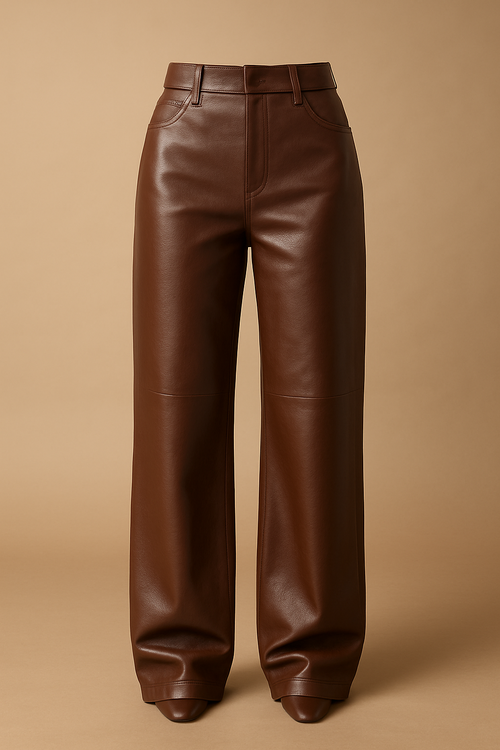 Realistic ghost mannequin photo of women’s high-waist, wide-leg leather pants in rich chocolate brown color. The pants appear suspended in midair with natural volume and flow — slightly soft drape through the legs and light folding near the ankle to show movement and fabric weight. Matte leather surface with smooth reflections and visible grain texture. Warm neutral studio background, soft lighting from upper left side for realistic depth. Luxury product photography aesthetic, high detail, elegant minimal composition.