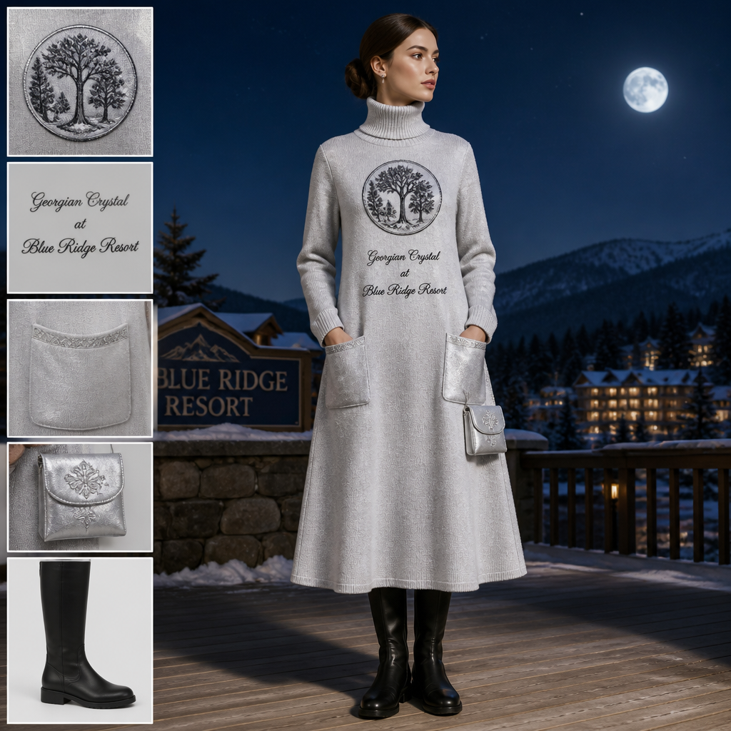 Moonlight silver warm turtleneck long-sleeve timeless elegance flowy tailored shin-length dress made of alpaca wool with cursive font embroidered "Georgian Crystal at Blue Ridge Resort" on front logo with black stitching, then add silver pockets. Make sure non-sheen pockets have silver stitching. Include an attachable hidden silver pouch to hold pens, a small pen pad, front office cordless phone, and front office keys. Large logo should include a black-stitched only Southern Live Oak Tree with Spanish Moss and Peach Trees with fallen peaches, influenced by the Atlanta skyline on the front chest area only. Create a design for women in the front office only. Include black knee-high professional snow-grade flat boots for front office team members who may need to visit the outside grounds of the resort in the snow. No laces on boots. The front chest logo size should be the size of a circular plate
Moonlight silver alpaca wool turtleneck dress, flowy A-line silhouette, shin-length. Black-stitched "Georgian Crystal at Blue Ridge Resort" in cursive on front. Circular plate-sized black-stitched Southern Live Oak and Peach Trees logo on chest. Silver pockets with silver stitching. Hidden attached silver pouch. Black professional snow-grade flat knee-high slip-on boots.
