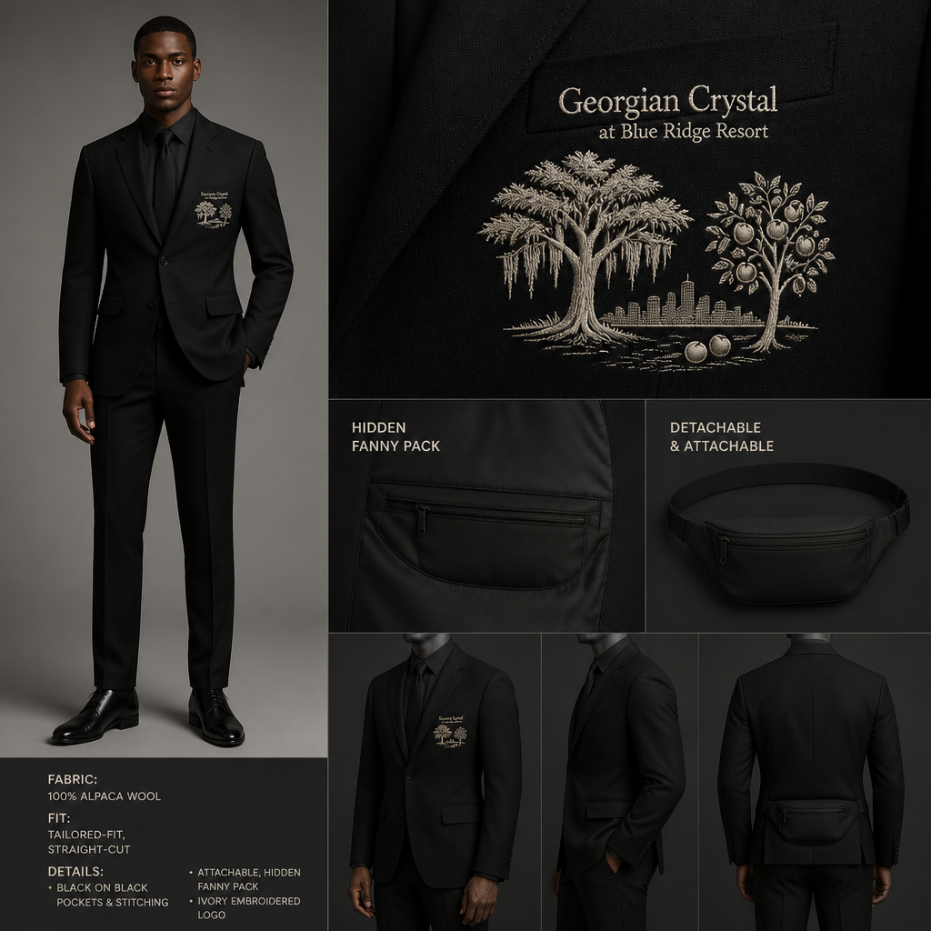 All Black warm long-sleeve alpaca wool full-length straight-cut tailored-fit blazer suit with black pockets. Make sure pockets have black stitching. Include an attachable, hidden black sleek fanny pack to hold pens, a small pen pad, front office cordless phone, and front office keys. The cursive front pocket logo should have the business name "Georgian Crystal at Blue Ridge Resort" embroidered with Ivory stitching only. Include an ivory-embroidered Southern Live Oak Tree with Spanish Moss and Peach Trees with fallen peaches influenced by the Atlanta skyline within front pocket logo. Please create a design for men only. Logo should be located on the front of the blazer only
Men's suit: Black alpaca wool, tailored-fit, straight-cut blazer and pants. Long-sleeve. Black pockets with black stitching. Attachable, hidden black fanny pack. Front pocket logo: "Georgian Crystal at Blue Ridge Resort" in Ivory embroidery, with Ivory embroidered Southern Live Oak, Spanish Moss, Peach Trees, fallen peaches, and Atlanta skyline.