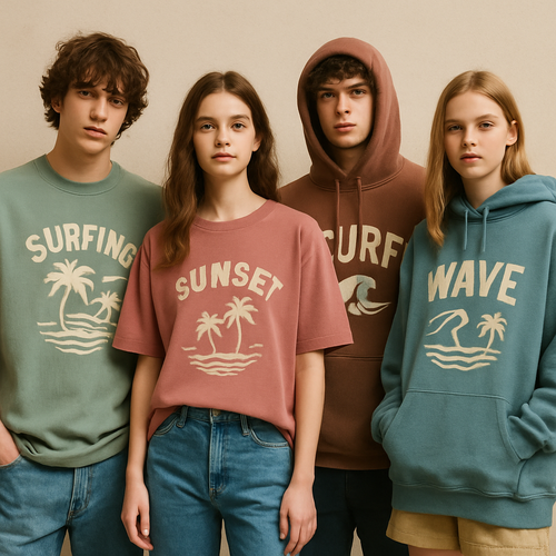 Create a collection of streetwear-inspired graphics and logos for t-shirts and hoodies, featuring oversized typography, minimalist, surf type vibes, palm trees, seagulls, waves, and abstract beach elements. Use a relaxed, youthful, urban style with muted pastels, washed denim blues, and earthy tones. Designs should look modern, trendy, and wearable, suitable for printing on apparel. High detail, vector-style clarity, bold yet casual aesthetic.