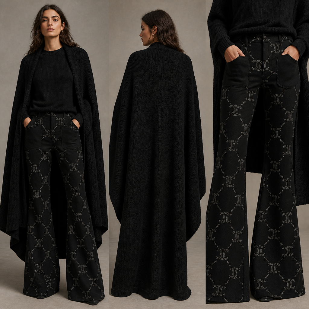 All-black warm sweater, long-sleeve cape same length front and back, bootcut jumpsuit with cookies resort logo with ivory stitching, then add black pockets. make sure pockets have black stitching only
All-black wool sweater, crew neck. Black heavy knit cape, long, draped. Black cotton bootcut jumpsuit, flared leg, with ivory stitched logo pattern. Black patch pockets with black stitching.