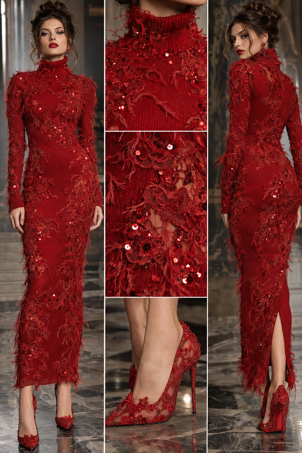 Red long tight sweater dress with red turtleneck with frayed shag and red sequins scattered all over with red lace splotches all over sweater dress. Red lace high heel.
Red long tight sweater dress with red turtleneck with frayed shag and red sequins scattered all over with red lace splotches all over sweater dress. Red lace high heel., haute couture style