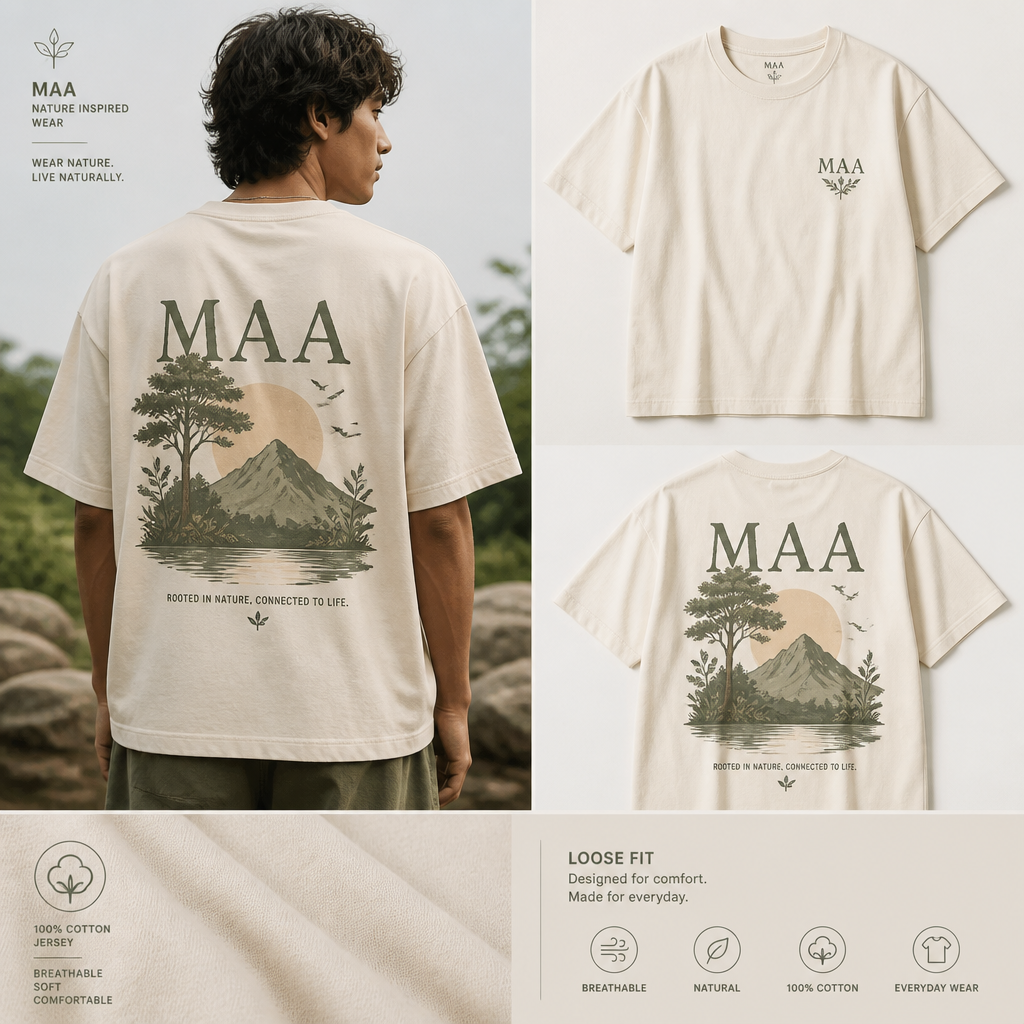 generate a plain breatheable tshirt where it should have its brand name MAA where the brand name describes nature and make the tshirt design more creative make it look like loose fit t shirts
Design a loose-fit, breathable cotton jersey t-shirt. Feature the brand name "MAA" with a creative nature-inspired graphic print.