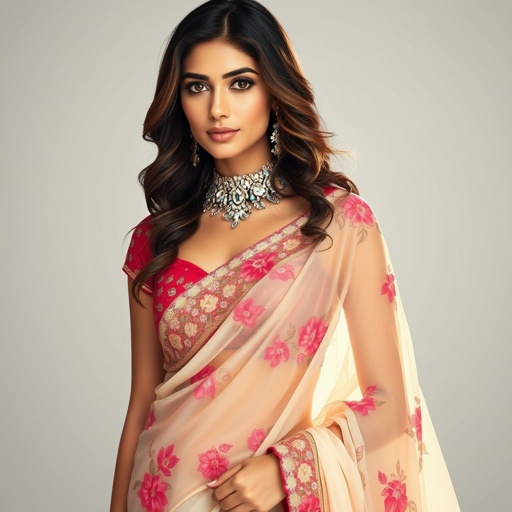 a saree with more revealing skin, full body. floral design beautiful face j sized breast
