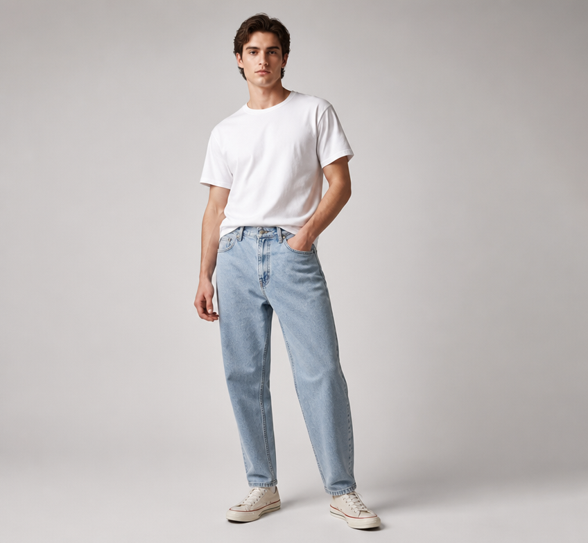 On-model photoshoot (studio)
Show the garment from the image worn by a professional fashion model standing in a professional photo studio with a clean seamless background and soft editorial lighting. Reproduce the garment's exact design, color, fabric and details faithfully. Full-body shot, photorealistic, no text. Additional instructions: FIT REQUIREMENT — MOM FIT:
The jeans must have an authentic men's mom-fit silhouette: relaxed and roomy through the hips and thighs, with a naturally tapered leg toward the ankle. Do not make the jeans skinny, slim, straight or excessively oversized. Preserve the original proportions and fit of the jeans. The fabric must fall naturally w
ithout artificial tightness around the legs..