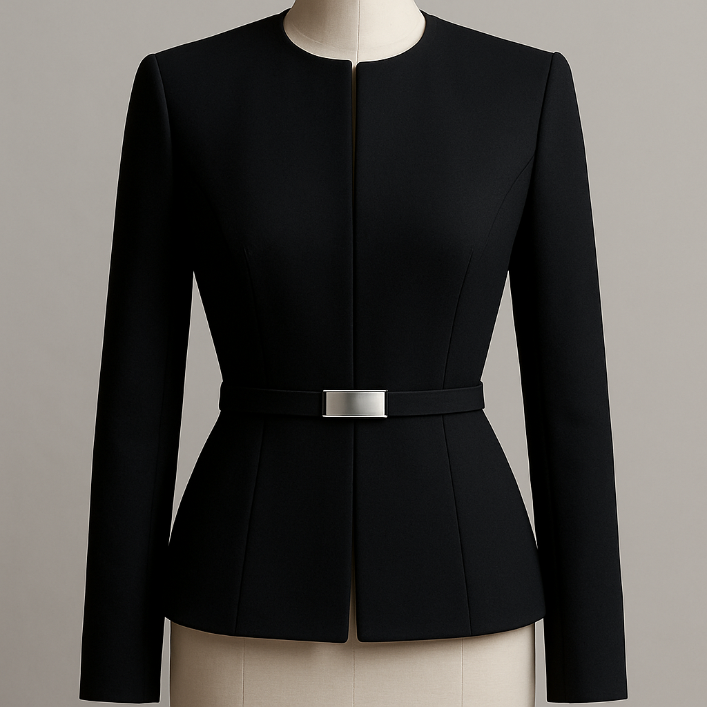 a black tailored jacket. The jacket should cinch  at the waist and be similar to a blazer but it is not a blazer. It does not have buttons. Instead it has clasps on the inside and it has a SKINNY belt in the center that has a silver plaque. It does not have collar like a blazer. 

Ready To Wear fashion design: Black tailored jacket, waist-cinching silhouette. No visible closure; interior clasps. Skinny belt with silver plaque at center. Clean, collarless neckline. Made from a smooth, structured cotton blend.