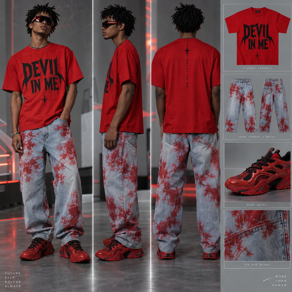 Red t-shirt saying devil in me with black letters. Light blue loose Jean with red tie dye all over jean . red gym shoe with black laces.
Red t-shirt saying devil in me with black letters. Light blue loose Jean with red tie dye all over jean . red gym shoe with black laces., futuristic style