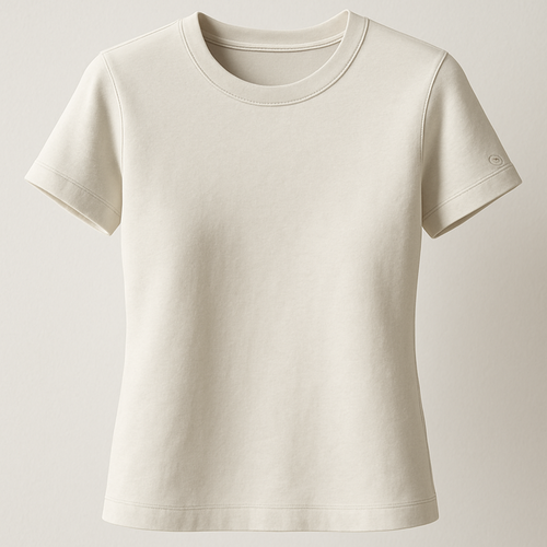 A premium women’s basic crew neck t-shirt, slim-relaxed fit, made of first-class high-quality cotton fabric with a soft luxurious texture, short sleeves, minimal and elegant design. On the left sleeve near the cuff, a small embroidered monogram logo with only the letter “S”, elegant stitched embroidery with thread texture, luxury brand style. Photographed in natural daylight, clean background, ultra-detailed premium cotton fabric texture, hyperrealistic knit stitches, 3D depth of field close-up, fashion e-commerce product photography aesthetic.
