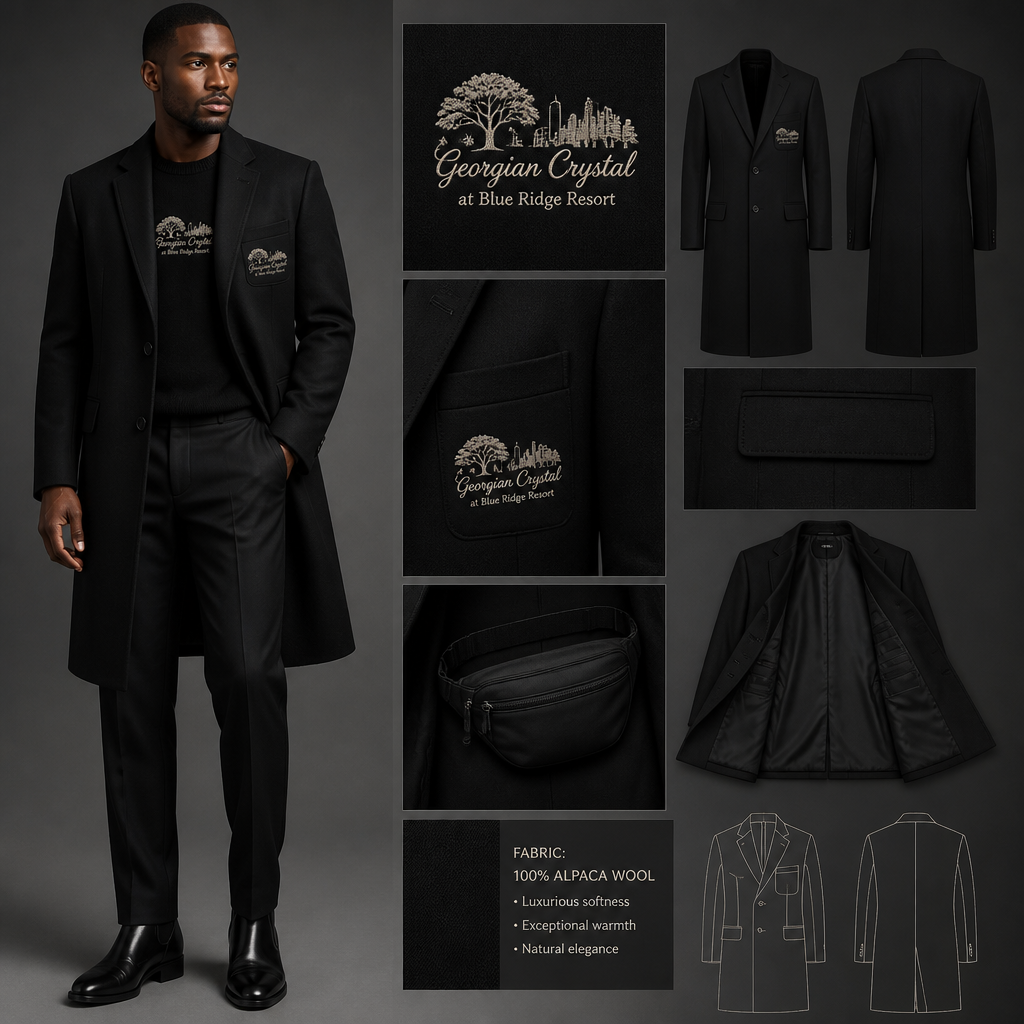 All Black warm long-sleeve alpaca wool straight-cut tailored-fit blazer suit with black pockets. Make sure pockets have black stitching. Include an attachable, hidden black sleek fanny pack to hold pens, a small pen pad, front office cordless phone, and front office keys. The front pocket logo should have the business name "Georgian Crystal at Blue Ridge Resort" embroidered with Ivory stitching only in cursive font. Include an ivory-embroidered Southern Live Oak Tree with Spanish Moss and Peach Trees with fallen peaches influenced by the Atlanta skyline within front pocket logo. Please create a design for men only. Logo should be located on the front of the blazer only. Blazer should be knee length. instead of button up, include sweater underneath if front office agent needs to take off blazer. Sweater needs to have a front pocket logo as well
Men's knee-length, straight-cut, tailored blazer suit in black alpaca wool. Black pockets with black stitching. Ivory embroidered logo: "Georgian Crystal at Blue Ridge Resort" in cursive, featuring an Atlanta skyline-influenced Southern Live Oak and Peach Trees, on the front blazer pocket. Optional black fanny pack inside. Black sweater underneath with the same logo.