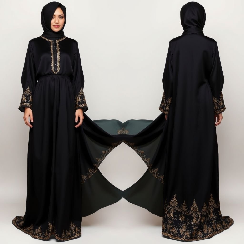 Black saudi Women's Abaya Design

Luxurious black satin abaya, flowing elegantly to the floor, intricate gold embroidery along the sleeves and hem, adorned with delicate sequins that catch the light. High neck with a subtle collar, loose fit for comfort, embellished with contrasting deep emerald green accents, modern silhouette fused with traditional elegance, opulent and timeless.