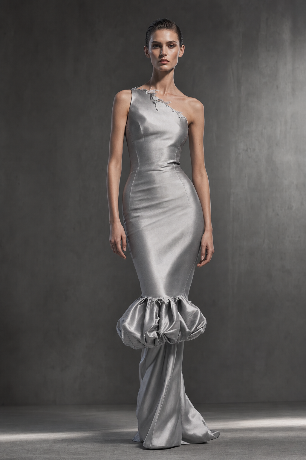 One shoulder tight long silver dress with bubble hem at center of dress and frayed edges on bubble hem and bottom of dress. Frayed edges on top of dress and one shoulder.
Haute Couture fashion design: One-shoulder, tight, long silver silk dress. Sculptural bubble hem at the knee with frayed edges. Raw, deconstructed edges along the neckline and single shoulder. Precision tailoring, bold silhouette.
