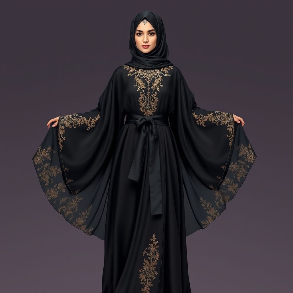 Black Arab Women's Abaya Design
Luxurious black silk abaya, intricate gold embroidery cascading down the sleeves. Flowing silhouette, exquisite draping, enhanced with opaque chiffon panels. High neckline adorned with subtle gemstones, framing the face gracefully. Statement belt made of satin, cinching at the waist. Elegant wide sleeves, perfect for movement. Traditional yet contemporary, embodying regal sophistication.