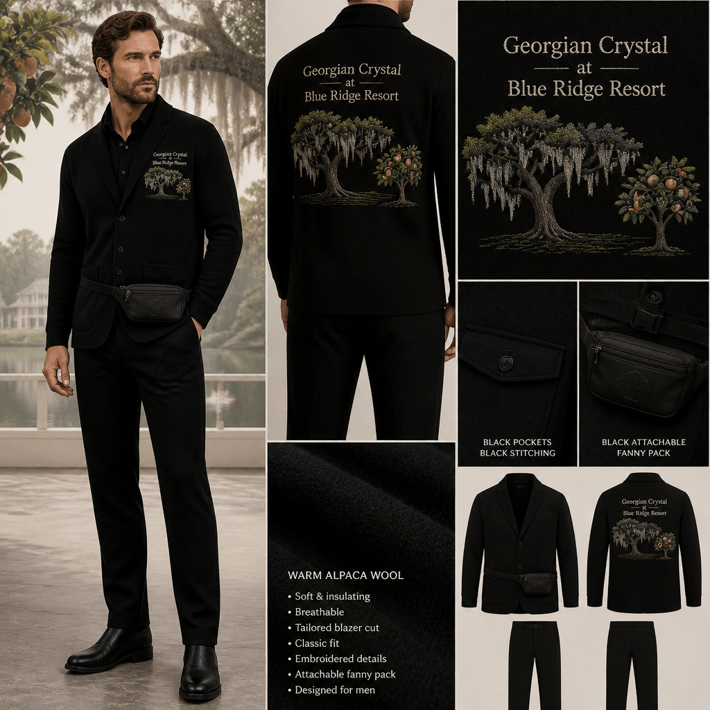 All Black warm long-sleeve alpaca wool full sweater tailored blazer suit with black pockets. Make sure pockets have black stitching. Include an attachable black sleek fanny pack to hold pens, a small pen pad, front office cordless phone, and front office keys. The logo should business name "Georgian Crystal at Blue Ridge Resort" embroidered with Ivory stitching, then include an embroidered Southern Live Oak Tree with Spanish Moss and Peach Trees with fallen peaches gracing it like the Atlanta skyline. Please create a design for men only.
Warm alpaca wool sweater, black, long-sleeve, tailored blazer cut. Matching black pants. Black pockets with black stitching. Black attachable fanny pack. Embroidered logo: "Georgian Crystal at Blue Ridge Resort" in ivory. Embroidered Southern Live Oak, Spanish Moss, and Peach Trees. Designed for men.