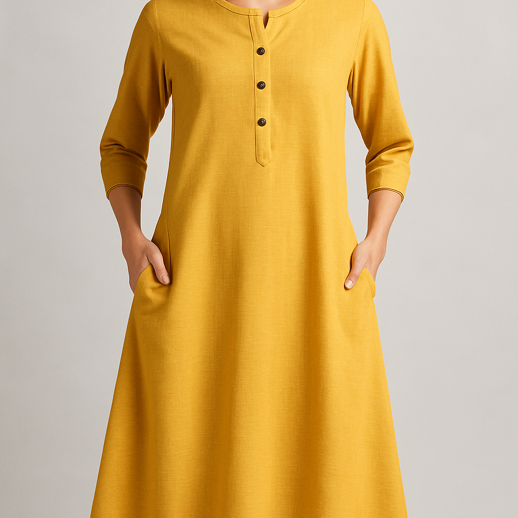 indian kurtha for women. shapely but not too tight. cotton blend. yellowish color fabric. 2 side pockets.

Women's Indian kurtha in yellow cotton blend. A-line silhouette, straight cut. Two side pockets.