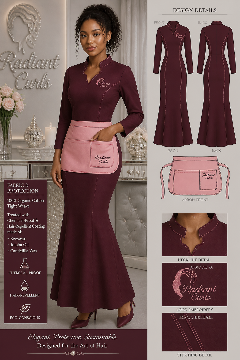 Women's Merlot wine ankle-length mermaid hair school uniform smock with extra pink stitching and a stand-up sweetheart neckline. Include logo: Radiant Curls. Include a pink-colored apron with Merlot wine stitching. Spa decor should be silver and pearl. Uniform fabric should be 100% organic cotton tight weave treated with a chemical-proof and hair-repellent coating made of beeswax, jojoba oil, and candelilla wax.
Women's Merlot wine ankle-length mermaid hair school uniform smock with extra pink stitching and a stand-up sweetheart neckline. Include logo: Radiant Curls. Include a pink-colored apron with Merlot wine stitching. Spa decor should be silver and pearl. Uniform fabric should be 100% organic cotton tight weave treated with a chemical-proof and hair-repellent coating made of beeswax, jojoba oil, and candelilla wax.
