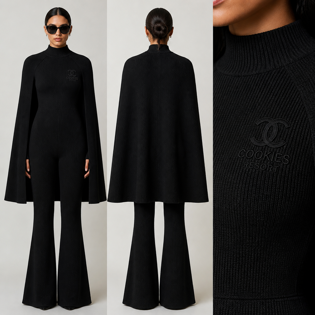 all black warm wool long sleeve cape bootcut sweater jumpsuit with cookies resort logo and black stitching
All black warm wool knit long sleeve cape, bootcut sweater jumpsuit with cookies resort logo and black stitching. Fitted silhouette, a-line cape, flared pants.