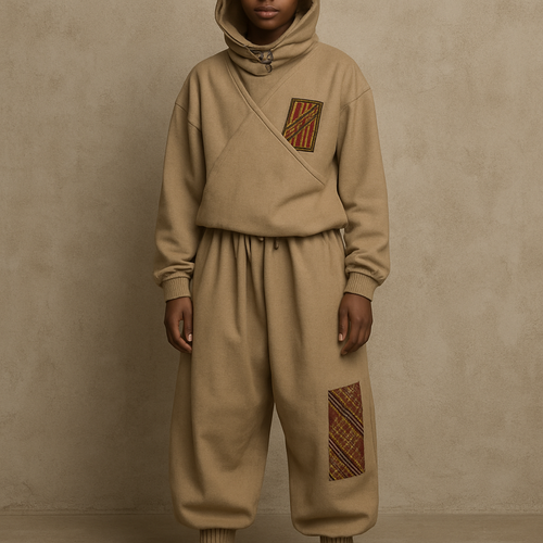 Unisex street-chic outfit inspired by Benin and spirituality. Balloon jogging set with cross-body top, detachable hood, subtle African embroidery, wax accents, elegant neutral colors, and technical fabrics (viscose/polyester/fleece). Style = street + soul + elegance.