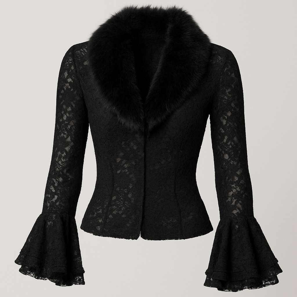 create black shrug that goes to the hip bone that that has see through arms (maybe a lace like material )
and slight ruffles for sleeves just at the end and has fur around collars and lining. It is form fitting.
Black **stretch lace** hip-length shrug. **Form-fitting** silhouette. **bell sleeves** with **ruffle trim**. **Faux fur** collar and lining.