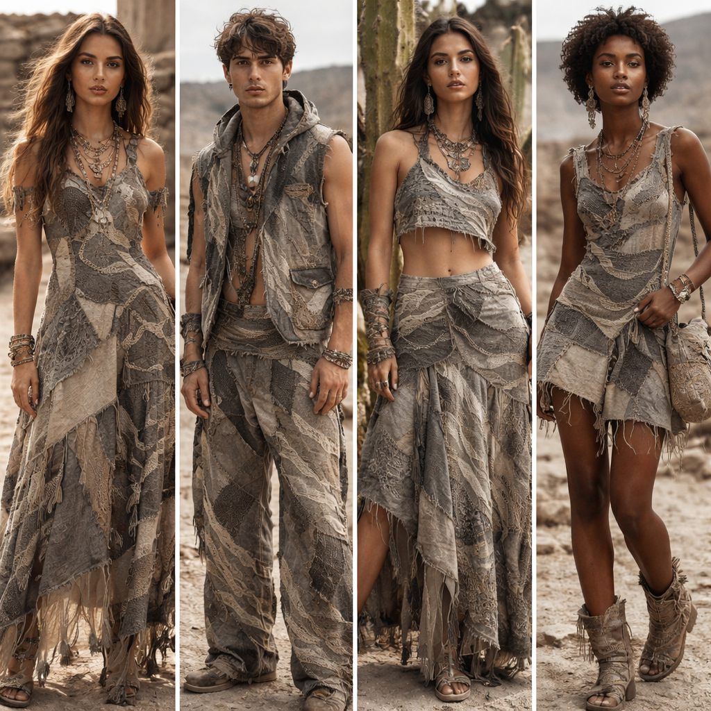 Coleccion inspirada en la ruina de los Quilmes, Tucuman, usando las lineas de las calles sinuosas como estampa, y en trama de crochet, tonos gris y tierras.
Upcycled fashion design: Upcycled collection inspired by Tucumán's Quilmes ruins. Wavy street patterns are printed and crocheted. Colors: grays and earthy tones. **Distressed cotton, patchworked silk, visible seams, raw edges.**