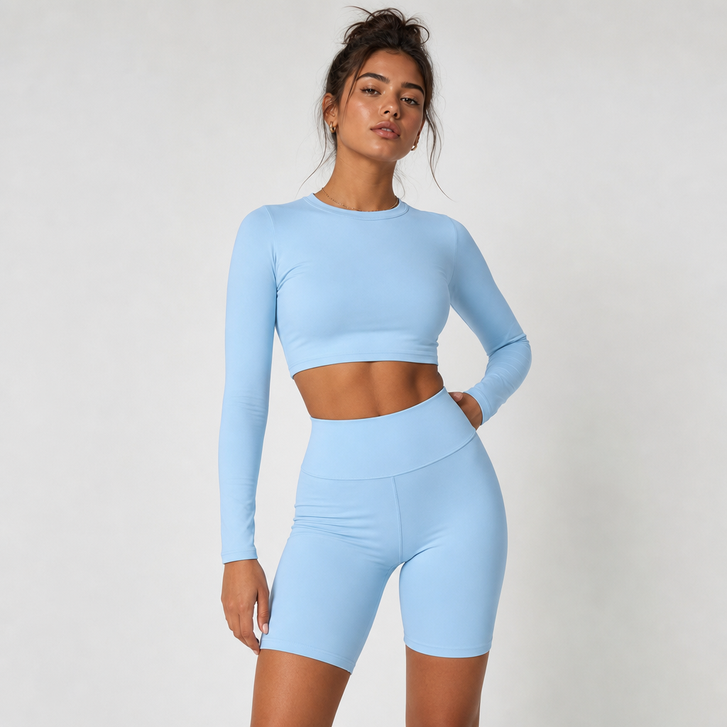 Light blue bike shorts with light blue long sleeve crop top
Contemporary fashion design: Light blue cotton bike shorts, high-waisted. Matching light blue long-sleeve crop top, slim fit. Clean lines, minimalist aesthetic.