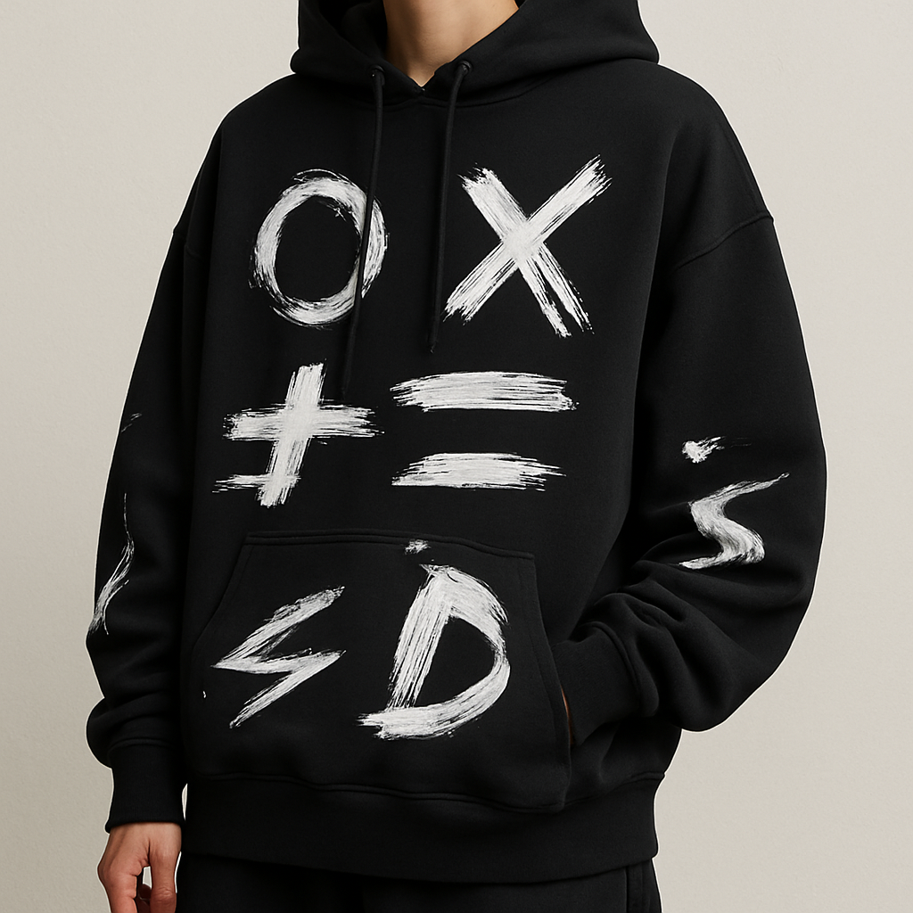 Oversized streetwear hoodie with abstract graphics
Streetwear fashion design: Oversized cotton hoodie in black with abstract white graphics, drop shoulders, and a relaxed fit.
