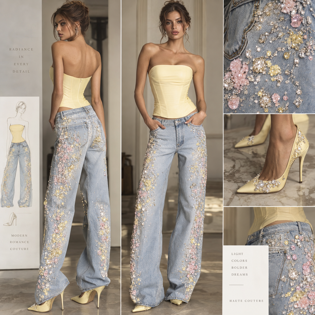 Light blue loose fitted jeans with light pink and Light yellow and white crystal splotches on jeans. light yellow tight strapless top. Light yellow high heel.
Light blue loose fitted jeans with light pink and Light yellow and white crystal splotches on jeans. light yellow tight strapless top. Light yellow high heel., haute couture style