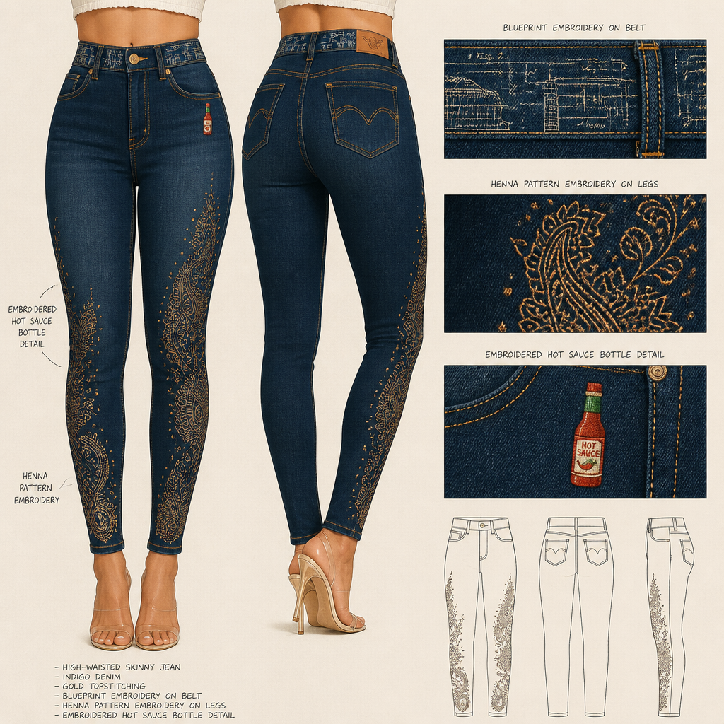 High-waisted skinny jeans with gold stitching, blueprint embroidery in large cursive font spanning the entire belt band area, including gold embroidered women's manicured hands with long nails through front belt loops, add blue henna to pants legs and add embroidered hot sauce bottle hanging from 1 belt loop
High-waisted skinny jeans, denim, fitted silhouette, gold stitching, blueprint embroidery on belt, henna pattern on legs, embroidered hot sauce bottle detail.