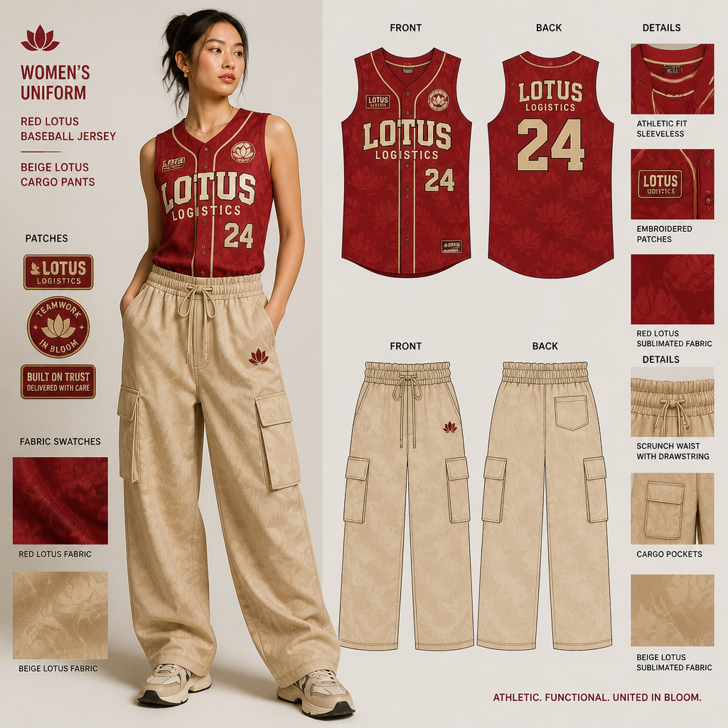womens wait staff uniform with red sleeveless baseball jersey with company name ATLANTA NIGHTS with atlanta hawks and atlanta Falcons patches with beige baggy scrunch waist cargo pants all made of lotus fabric. Remove all flowers on the pants and shirt
Women's uniform: Red lotus fabric, sleeveless, athletic-fit baseball jersey with company name and patches. Paired with beige lotus fabric, baggy, straight-leg cargo pants with a scrunch waist.