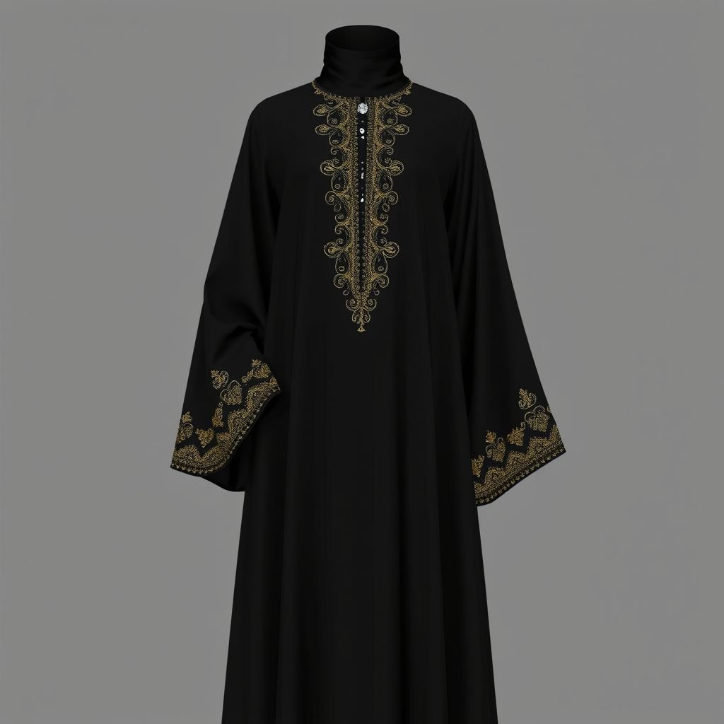 Black Arab Women's Abaya Design
A luxurious black abaya featuring intricate gold embroidery along the sleeves and hem. Soft, flowing fabric drapes elegantly, accentuating the silhouette. A high collar adds sophistication, while bell sleeves offer a modern twist. Delicate gemstones embellish the neckline, providing a touch of opulence. Perfect for both formal and casual occasions.