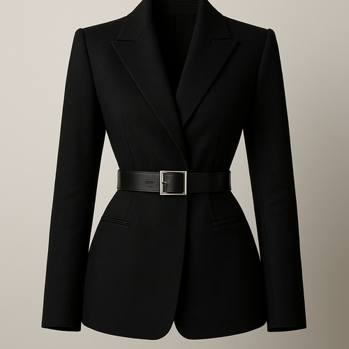 a black tailored jacket. The jacket should cinch  at the waist and be similar to a blazer but it is not a blazer. It does not have buttons. Instead it has clasps on the inside and it has a belt in the center that has a silver plaque